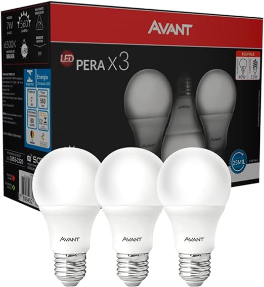 Kit Lâmpada Pera LED, 3 unidades, 7W, Luz branca 6500K, soquete E27, Bivolt, Avant