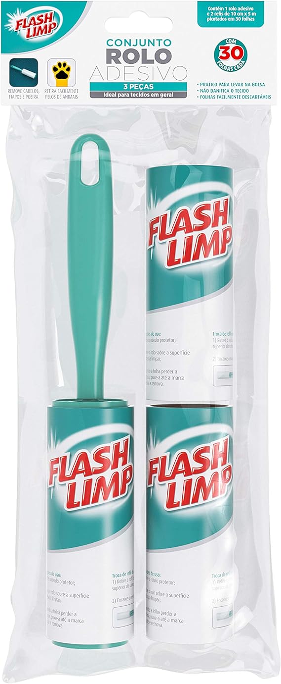 Flash Limp Conjunto 1 Rolo Adesivo Com 30 Folhas E 2 Refis Removedor De Poeira Pelos E Fiapos Cst0085