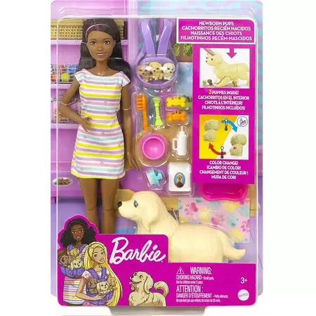 Boneca Barbie Morena Articulada Pets Cachorrinhos Recém-Nascidos, Mattel