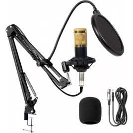 Microfone Condensador, Kit Microfone Condensador com Braço Articulado e Pop Filter para Transmissão Ao Vivo, Podcast, Gravação de Audio