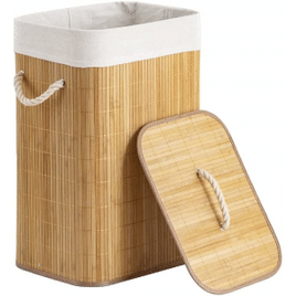 Mimo Style Cesto de Bambu Claro com Tampa para Roupas Sujas. Ideal para Lavanderia, Área de Serviço, Banheiro e Quarto. Forro Removível com Aro de Aço para Fixação, Dobrável, Alça de Corda Macia, Bege