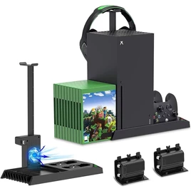 Suporte de carregamento com ventilador de resfriamento para console e controlador Xbox Series X, acessórios de estação de carregador duplo vertical com tampa e bateria recarregável de 2 x 1400mAh